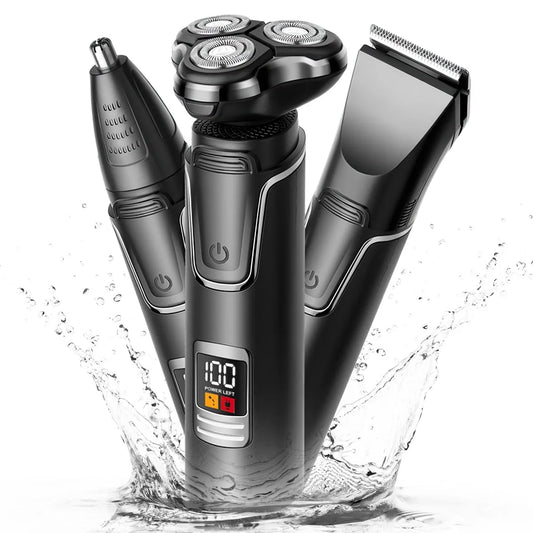 Electric Shaver Razor for Men, 3 in 1 Men’S Cordless LED Display IPX7 Waterproof Facial Nose Hair Beard Trimmer Grooming Haircut Kit with Wet Dry Rechargeable Use