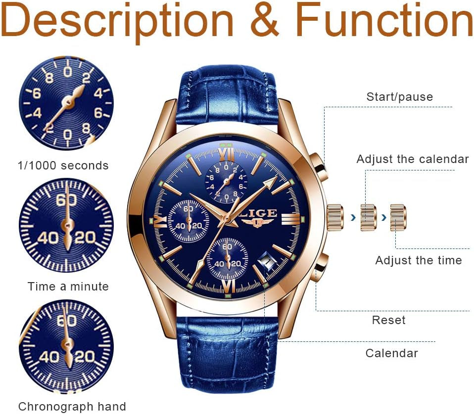 Mens Watches Casual Blue Leather Analog Quartz Watch Men Black Fahison Dress Wristwatch Men'S Waterproof Chronograph Sport Clock Business Date Casual Watch Men