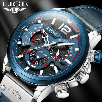 LIGE Top Brand Luxury Men Watches Luminous Date Quartz Wristwatch Waterproof Leather Watch for Men Chronograph Relogio Masculino