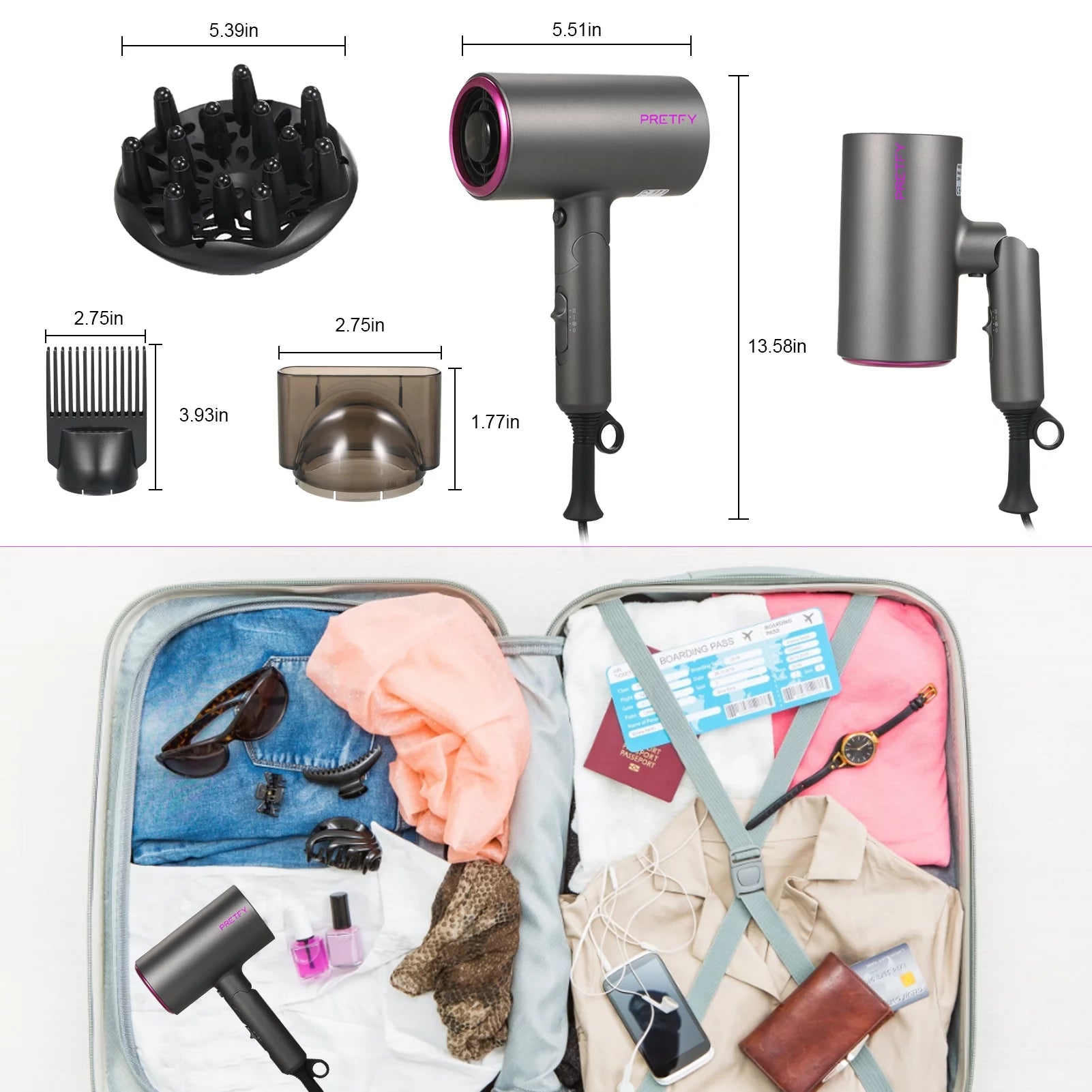 Travel Hair Dryer with Diffuser, Professional Ionic Hair Dryer Low Noise Lightweight Blow Dryer with Comb, Foldable Hair Dryer with 3 Heating/2 Speed/Cold Settings for Travel, Salon Use 1800W