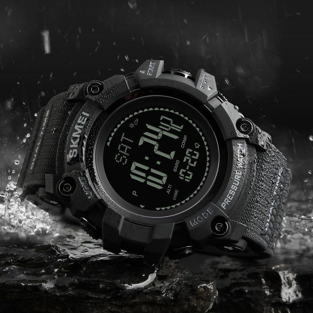 Mens Outdoor Sports Army Watches Pedometer Calories Digital Watch Altimeter Barometer Compass Thermometer Weather Men Watch (Black)