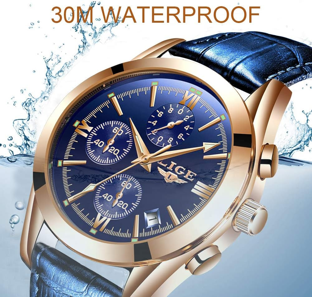 Mens Watches Casual Blue Leather Analog Quartz Watch Men Black Fahison Dress Wristwatch Men'S Waterproof Chronograph Sport Clock Business Date Casual Watch Men