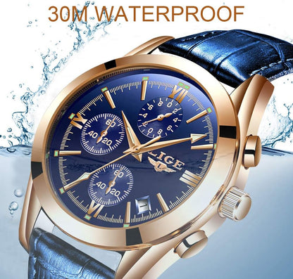 Mens Watches Casual Blue Leather Analog Quartz Watch Men Black Fahison Dress Wristwatch Men'S Waterproof Chronograph Sport Clock Business Date Casual Watch Men