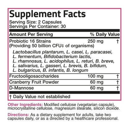 Women'S Probiotic 50 Billion CFU + Prebiotic with Cranberry & D-Mannose - Healthy Digestion, Immune Function and Urinary Tract Support, Non-Gmo, 60 Vegetarian Capsules