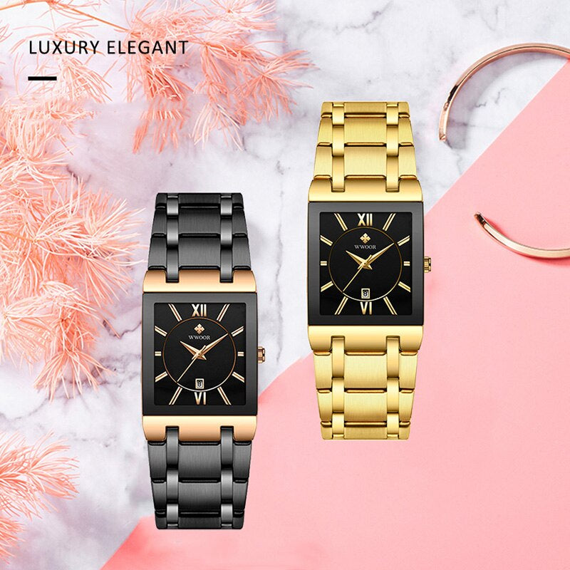 WWOOR Luxury Gold Black Watch for Women Fashion Square Quartz Watch Ladies Dress Wrist Watches Top Brand Sport Clock Reloj Mujer