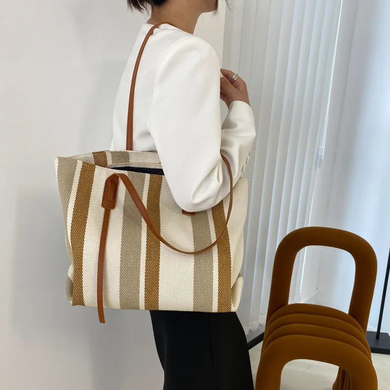 Large Capacity Canvas Women Shopping Shoulder Bags Luxury Designer Simple Stripes Handbags Casual Female Bucket Shopper Tote Bag