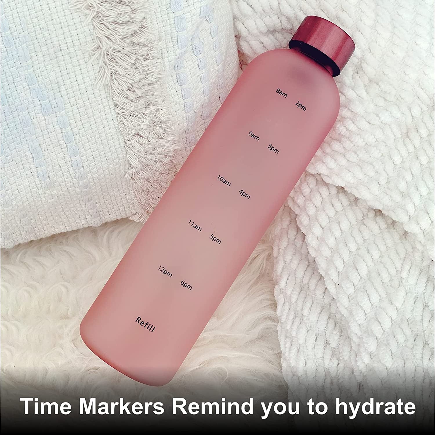 Arc Motivational Water Bottle with Time Marker/ Times to Drink - BPA Free Frosted Plastic - Gym, Sports, Outdoors (32Oz, Pink)