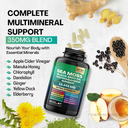 Sea Moss 7000Mg, Black Seed Oil 4000Mg, Ashwagandha 2000Mg, Ginger & Shilajit 9000Mg, Rhodiola Rosea 1000Mg, Panax Ginseng 1500Mg, All in 1 Supplements (1 Pack)