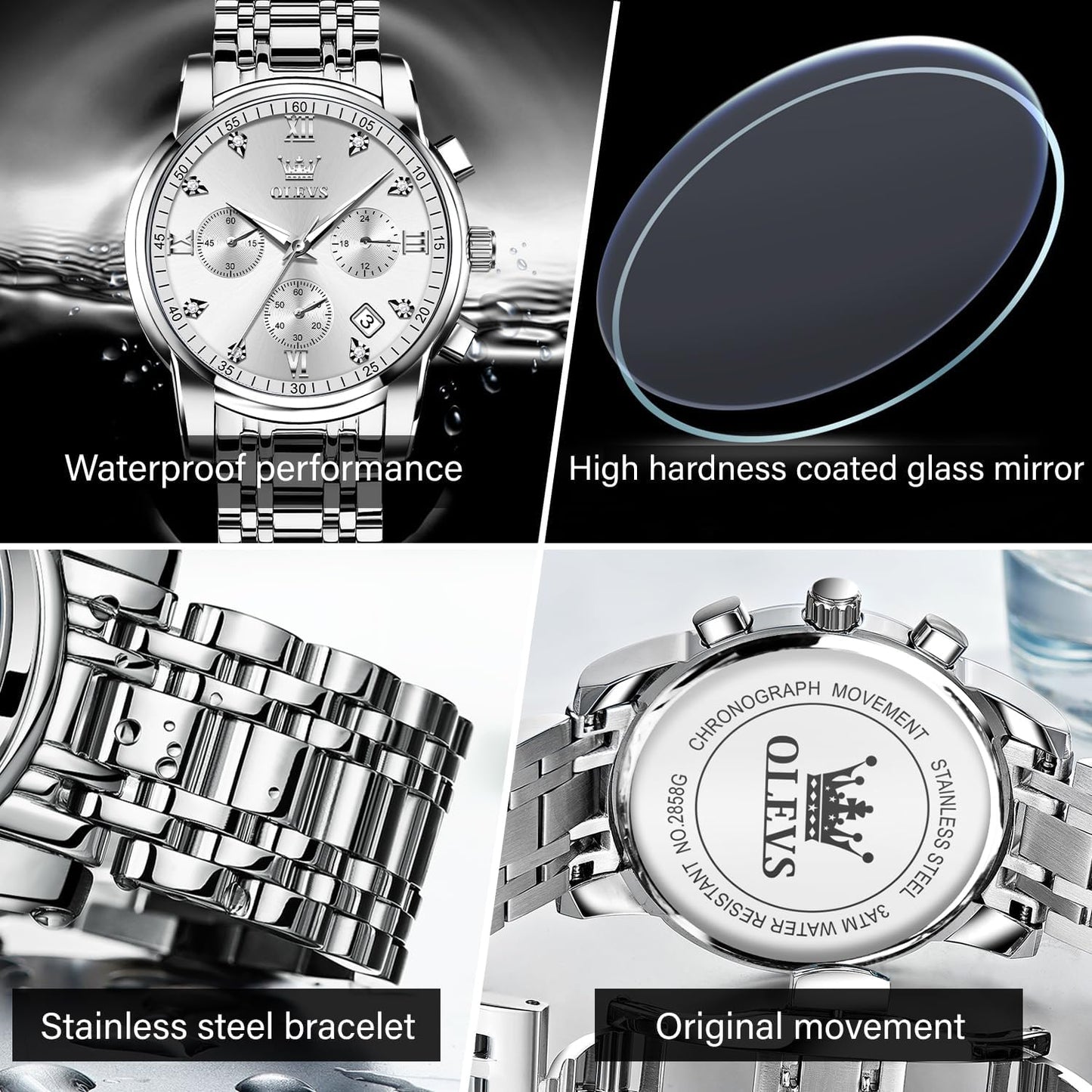 Men'S Waterproof Watches Stainless Steel Waterproof Chronograph Wrist Watches Luxury Dress White Luminous Big Face Analog Quartz Male Watches