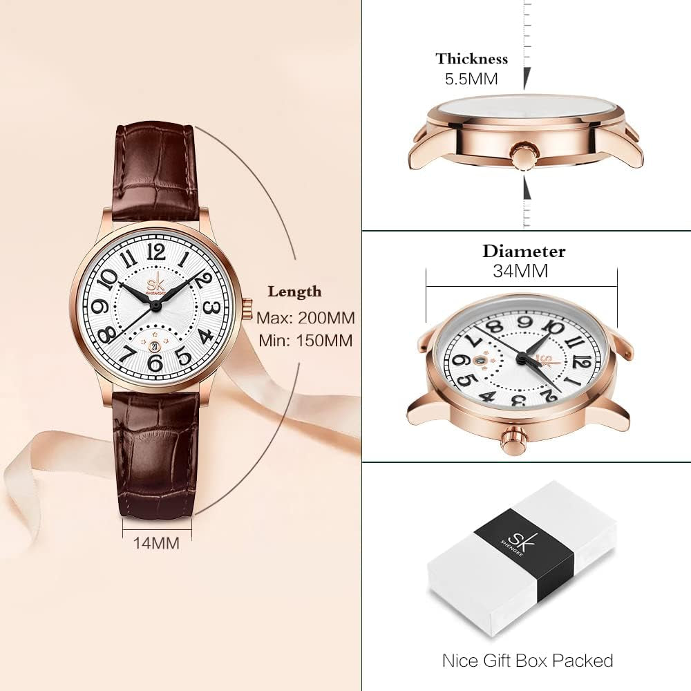 SK Classic Business Women'S Watches with Stainless Steel Strap and Elegant Genuine Leather Watch for Ladies