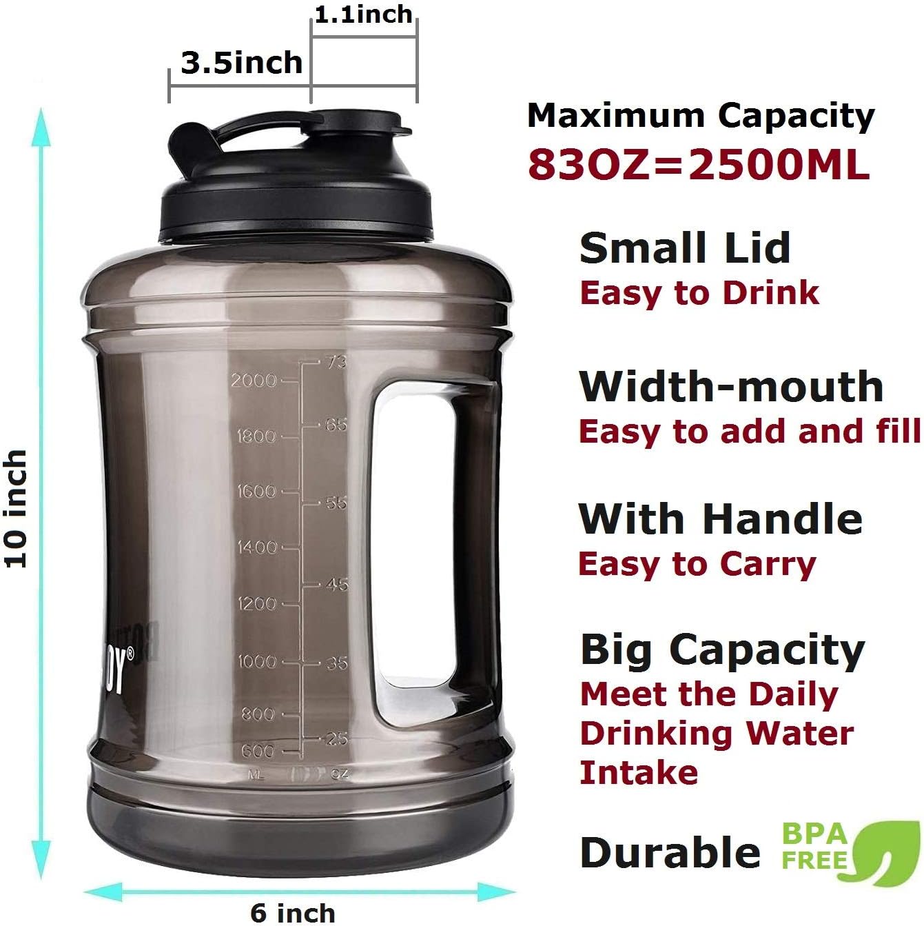 Water Bottle with Handle 2.5L Large Sports Water Bottle Half Gallon BPA Free Plastic Water Bottles Wide Mouth Water Bottle 83Oz Reusable Gym Water Jug for Home Drinking Outdoor Sports Hiking Fitness