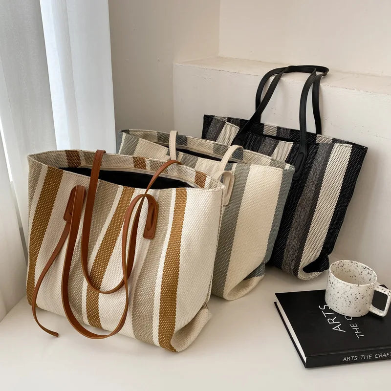 Large Capacity Canvas Women Shopping Shoulder Bags Luxury Designer Simple Stripes Handbags Casual Female Bucket Shopper Tote Bag