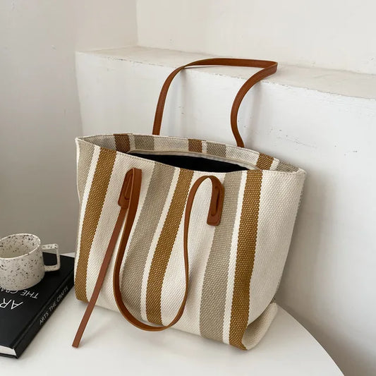 Large Capacity Canvas Women Shopping Shoulder Bags Luxury Designer Simple Stripes Handbags Casual Female Bucket Shopper Tote Bag