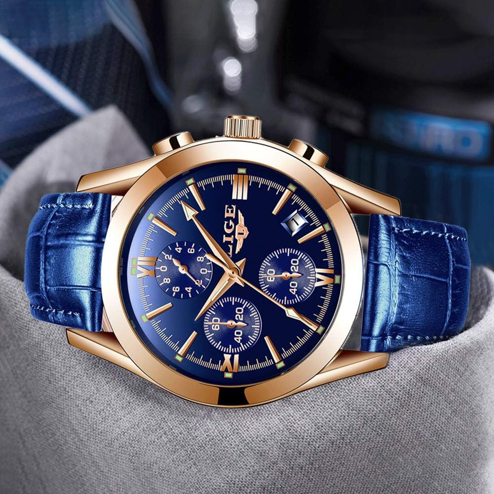 Mens Watches Casual Blue Leather Analog Quartz Watch Men Black Fahison Dress Wristwatch Men'S Waterproof Chronograph Sport Clock Business Date Casual Watch Men