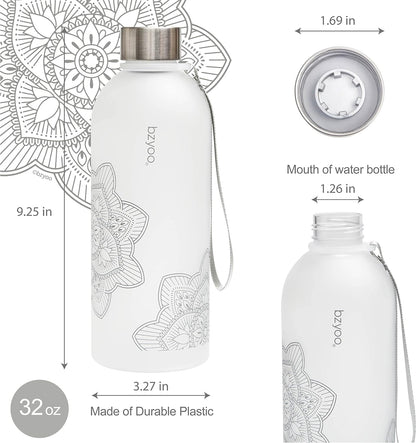 32 OZ 1 Liter Time Marker Water Bottle Frosted Durable Plastic with Strap - Reusable Clear Bottle with Times to Drink Time Markings for Daily Hydration Intake BPA Free (Silver)