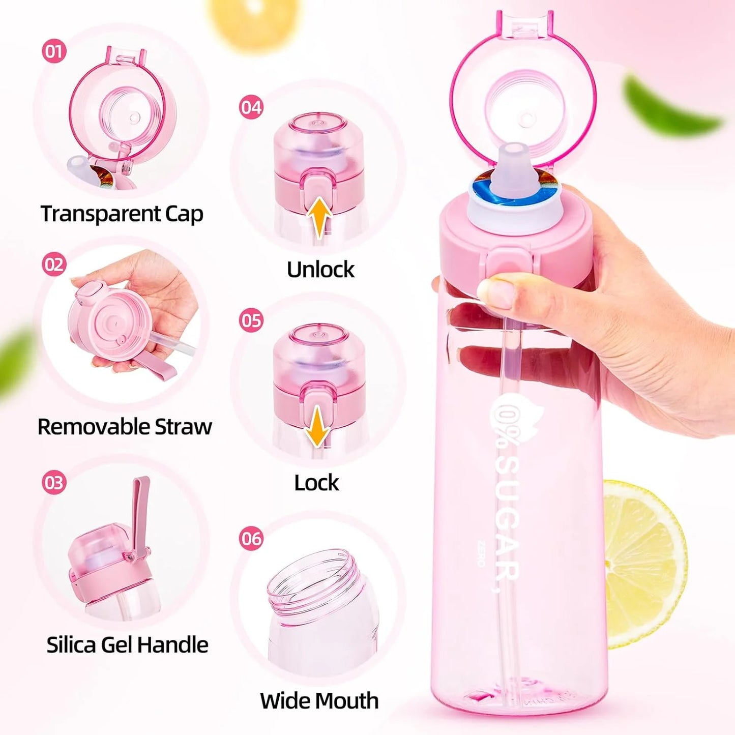 Air Water Bottle with 7 Flavour Pods, 650Ml Water Bottle Set, Sports Water Bottles with Straw, 0 Sugar, 0 Calorie Drinking Fruit Fragrance Bottle for Fitness, Outdoor, Gift, Sport, Kids, Gift, New