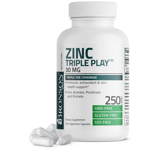 Zinc Triple Play 30 Mg - Triple the Coverage Zinc Acetate, Picolinate & Orotate, 250 Vegetarian Capsules