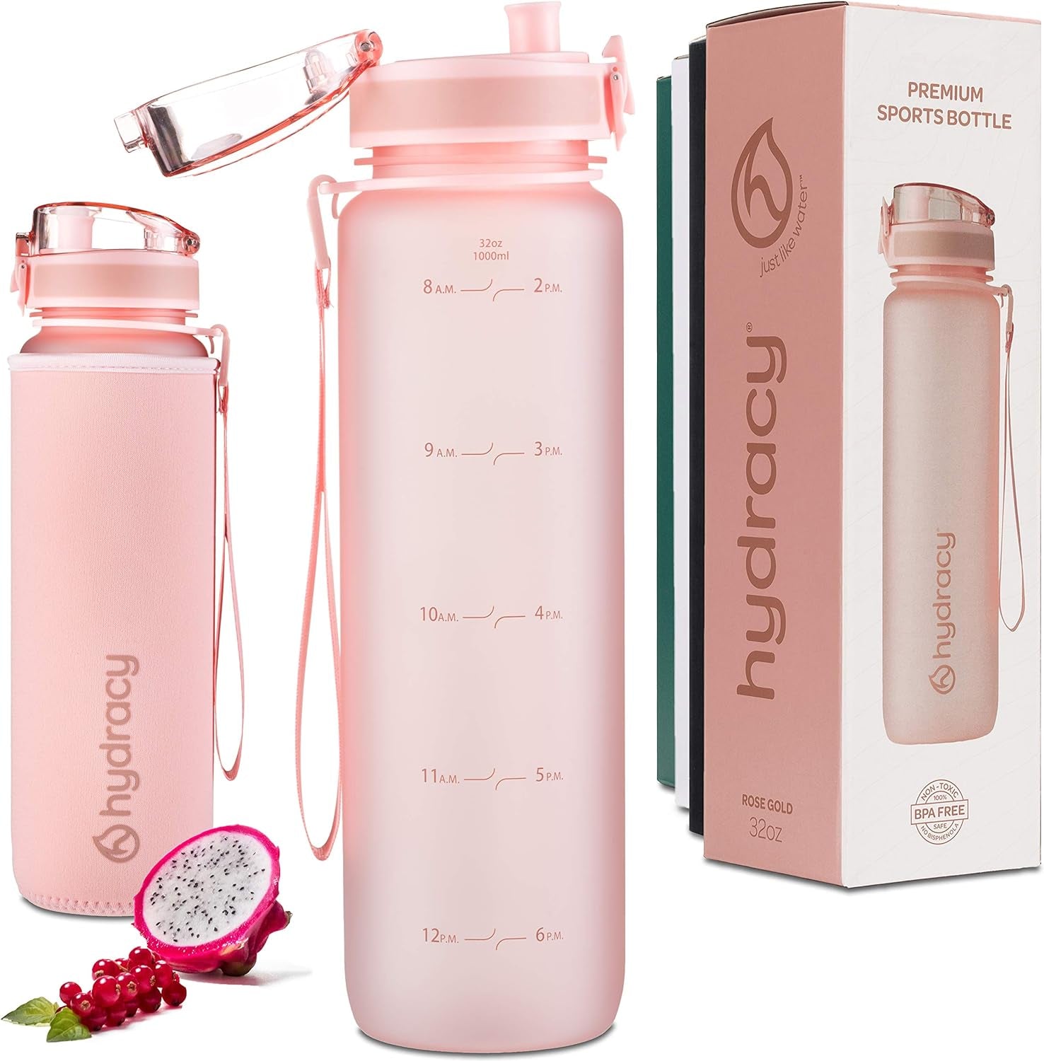 Water Bottle with Time Marker -Large BPA Free Water Bottle & No Sweat Sleeve -Leak Proof Gym Bottle with Fruit Infuser Strainer & Times to Drink -Ideal Gift for Fitness Sports & Outdoors