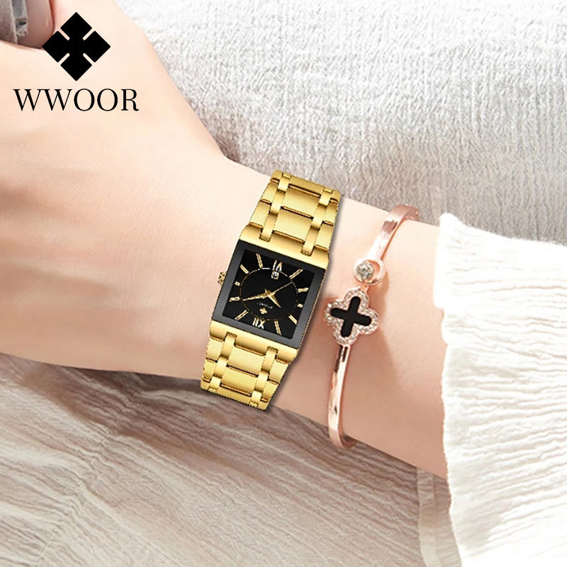 WWOOR Luxury Gold Black Watch for Women Fashion Square Quartz Watch Ladies Dress Wrist Watches Top Brand Sport Clock Reloj Mujer