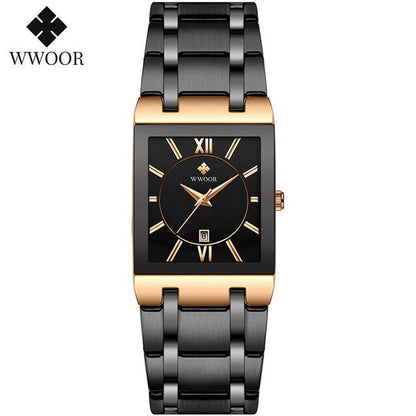 WWOOR Luxury Gold Black Watch for Women Fashion Square Quartz Watch Ladies Dress Wrist Watches Top Brand Sport Clock Reloj Mujer