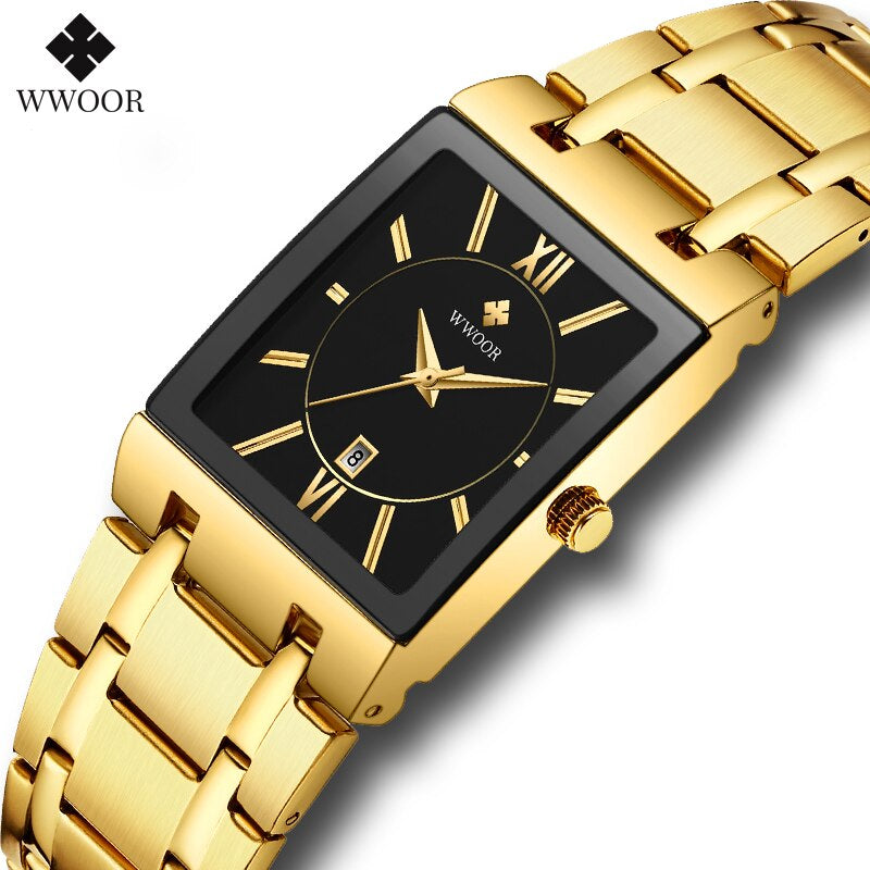 WWOOR Luxury Gold Black Watch for Women Fashion Square Quartz Watch Ladies Dress Wrist Watches Top Brand Sport Clock Reloj Mujer