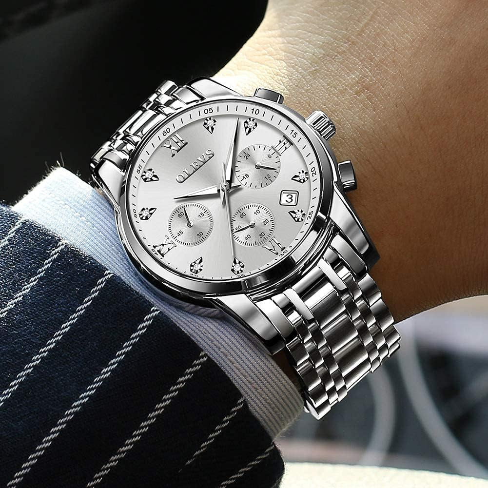 Men'S Waterproof Watches Stainless Steel Waterproof Chronograph Wrist Watches Luxury Dress White Luminous Big Face Analog Quartz Male Watches