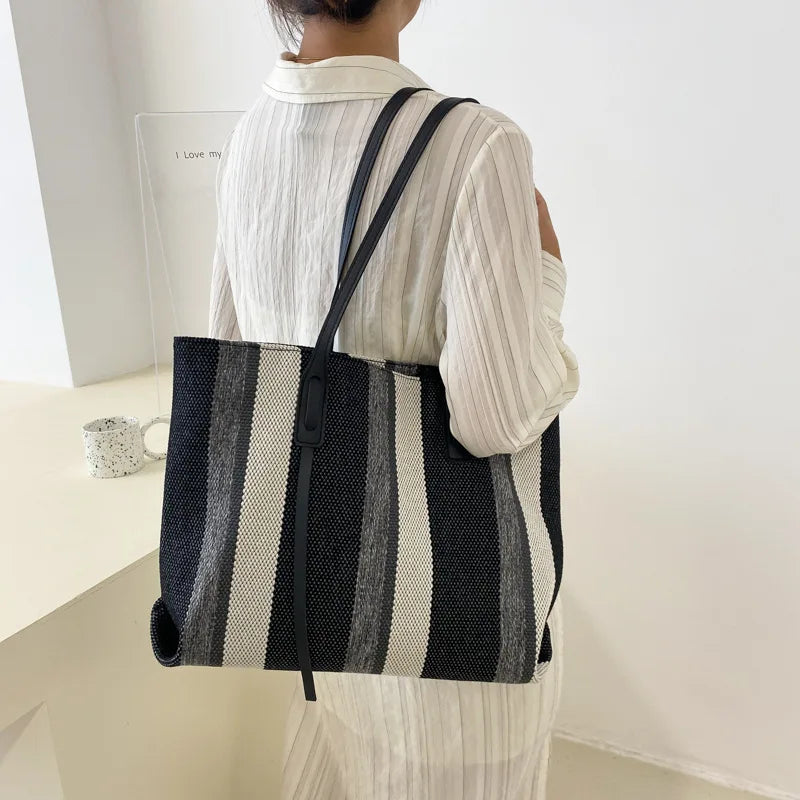 Large Capacity Canvas Women Shopping Shoulder Bags Luxury Designer Simple Stripes Handbags Casual Female Bucket Shopper Tote Bag