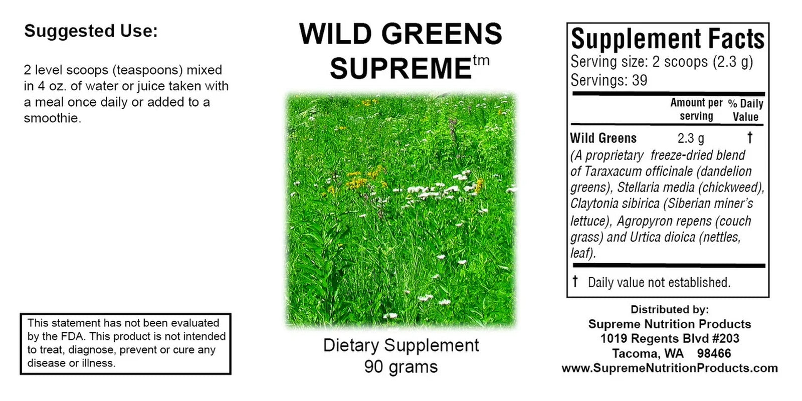 Wild Greens Supreme, Pure 90 Gram Powder | 2.3 Grams per Serving