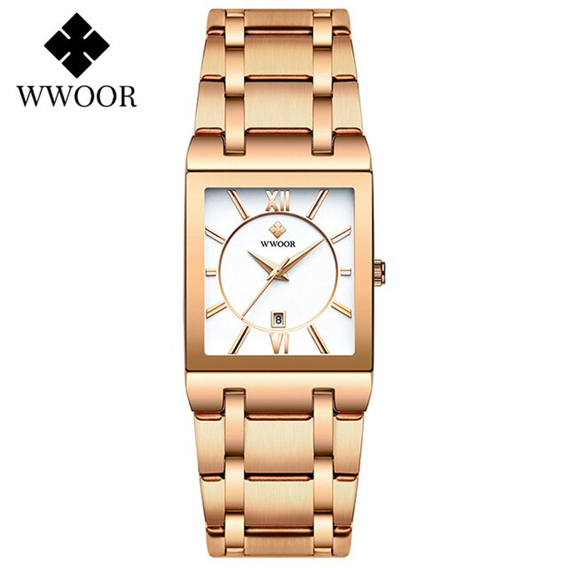 WWOOR Luxury Gold Black Watch for Women Fashion Square Quartz Watch Ladies Dress Wrist Watches Top Brand Sport Clock Reloj Mujer