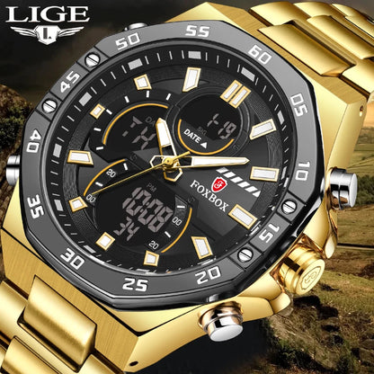 LIGE Dual Display Watches for Men Fashion Business Waterproof Watch Men Top Brand Luxury Sport Quartz Chronograph Reloj Hombre