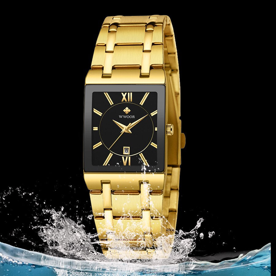 WWOOR Luxury Gold Black Watch for Women Fashion Square Quartz Watch Ladies Dress Wrist Watches Top Brand Sport Clock Reloj Mujer