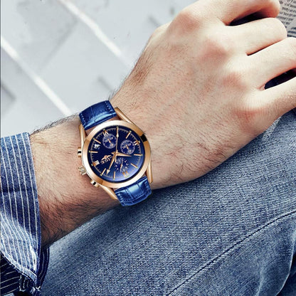 Mens Watches Casual Blue Leather Analog Quartz Watch Men Black Fahison Dress Wristwatch Men'S Waterproof Chronograph Sport Clock Business Date Casual Watch Men