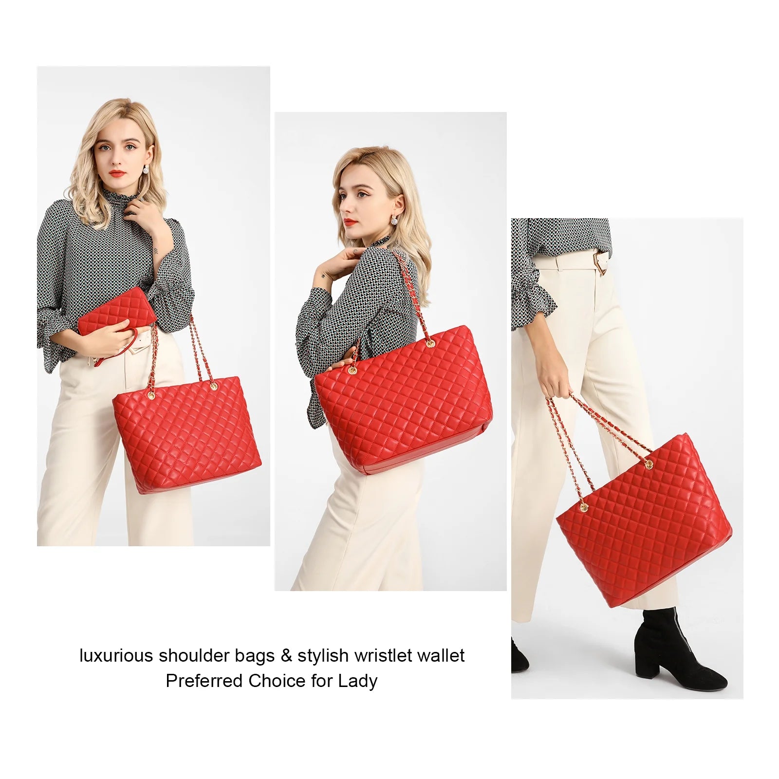 Poppy Quilted Women Handbags Purses Leather Tote Bag Satchel Wallet Set 2Pcs Chain Strap Shoulder Bag Classic