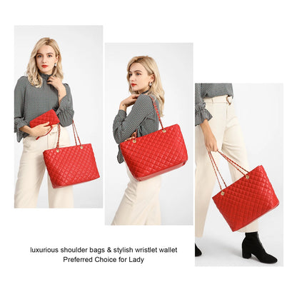 Poppy Quilted Women Handbags Purses Leather Tote Bag Satchel Wallet Set 2Pcs Chain Strap Shoulder Bag Classic