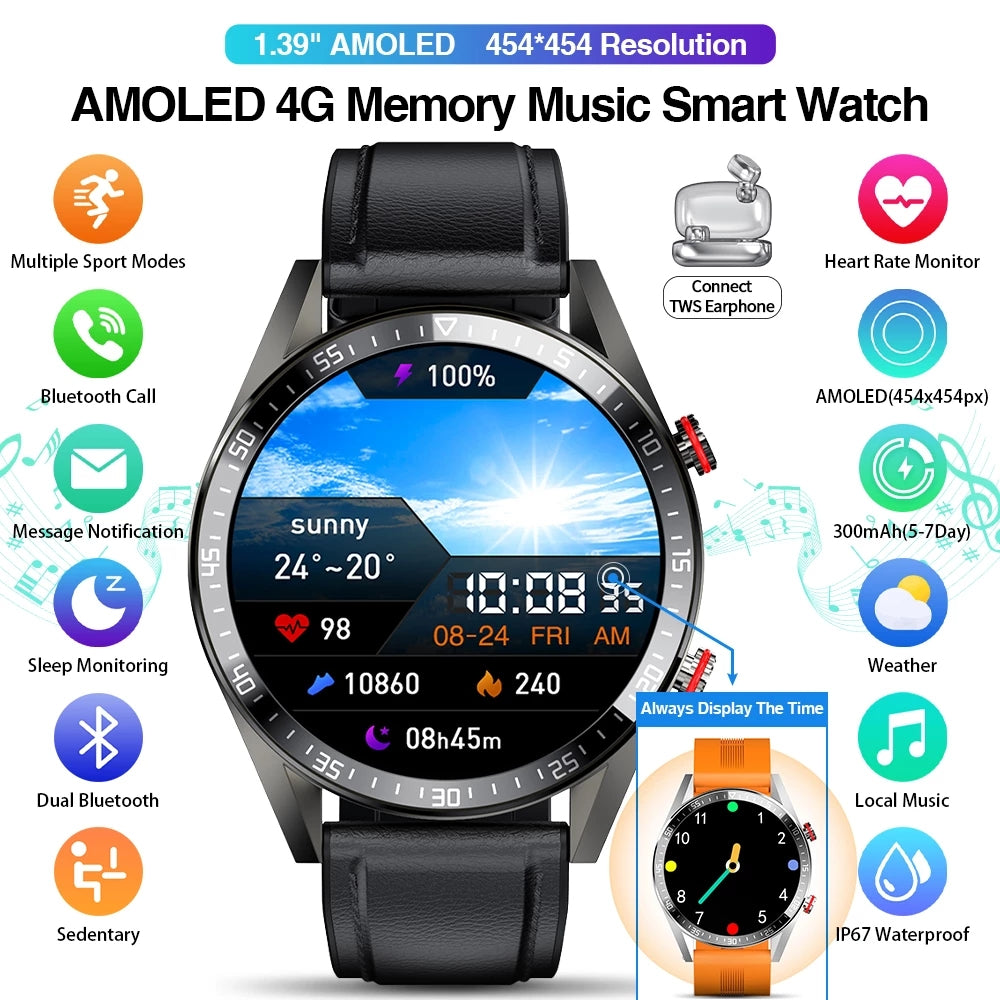 2021 New 454*454 Screen Smart Watch Always Display The Time Bluetooth Call Local Music Smartwatch For Men Android TWS Earphones